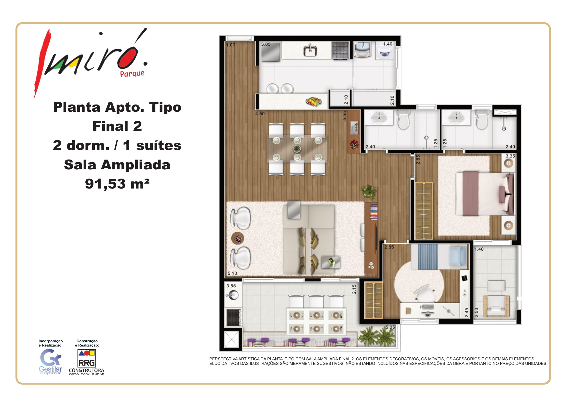 Planta do apartamento tipo 2 dorms com 1 suíte do empreendimento residencial Miró Parque