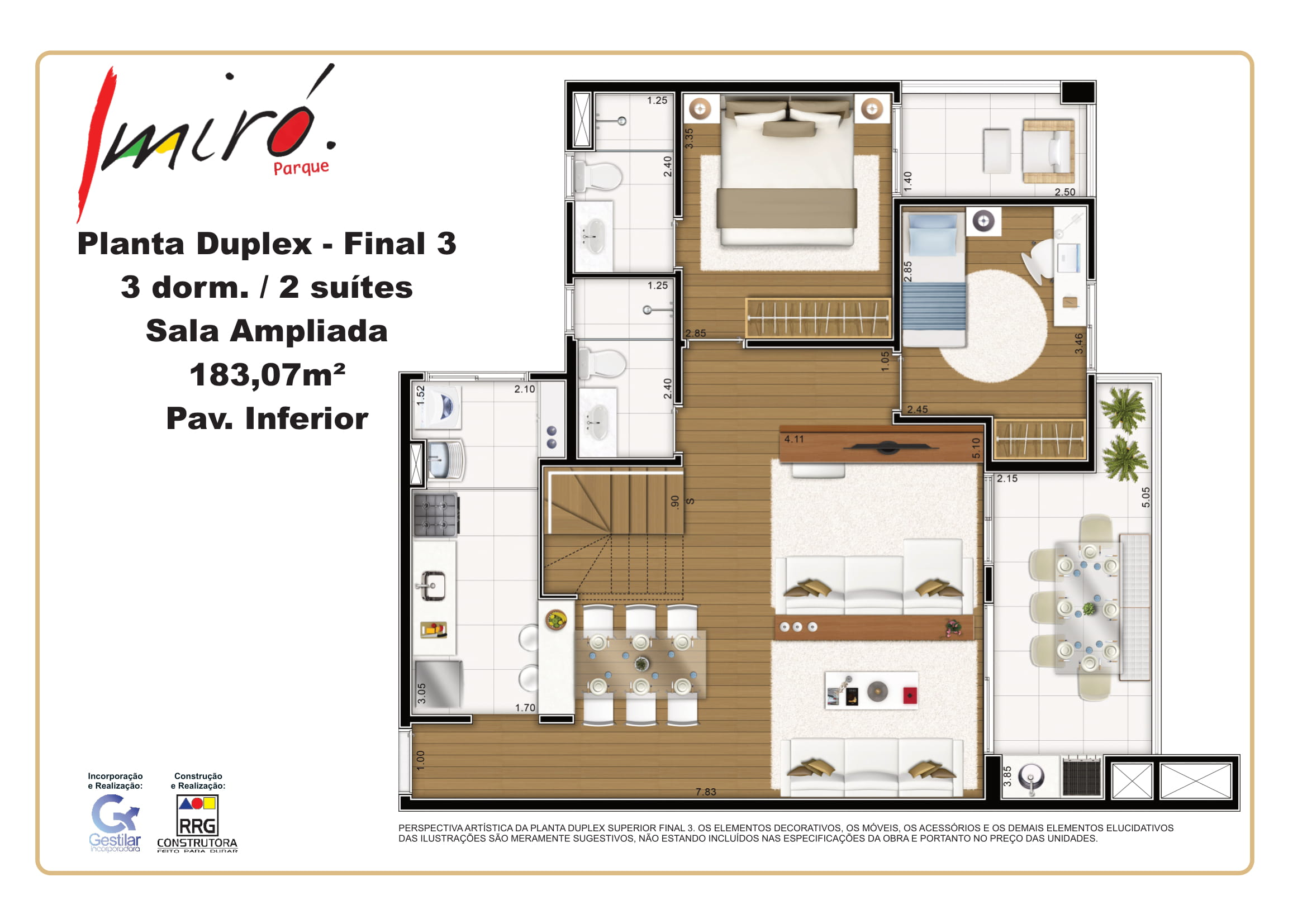 Planta do apartamento tipo 3 dorms com 1 suíte do empreendimento residencial Miró Parque