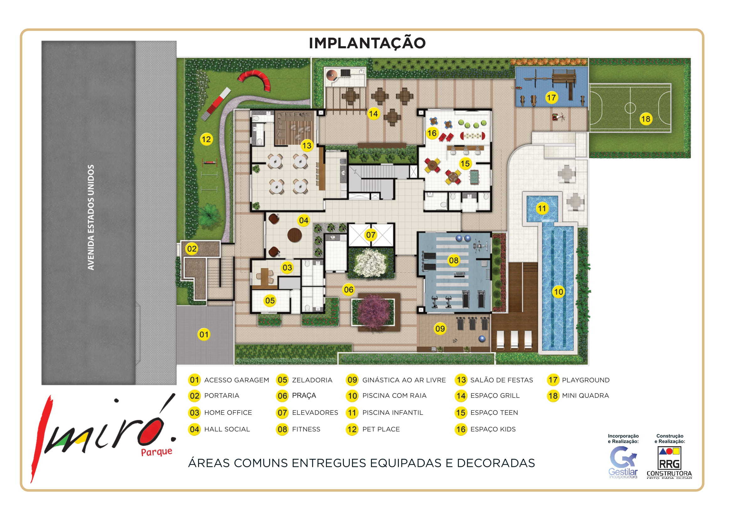 Planta da implantação, área social do empreendimento Miró Parque no bairro Parque das Nações em Santo André