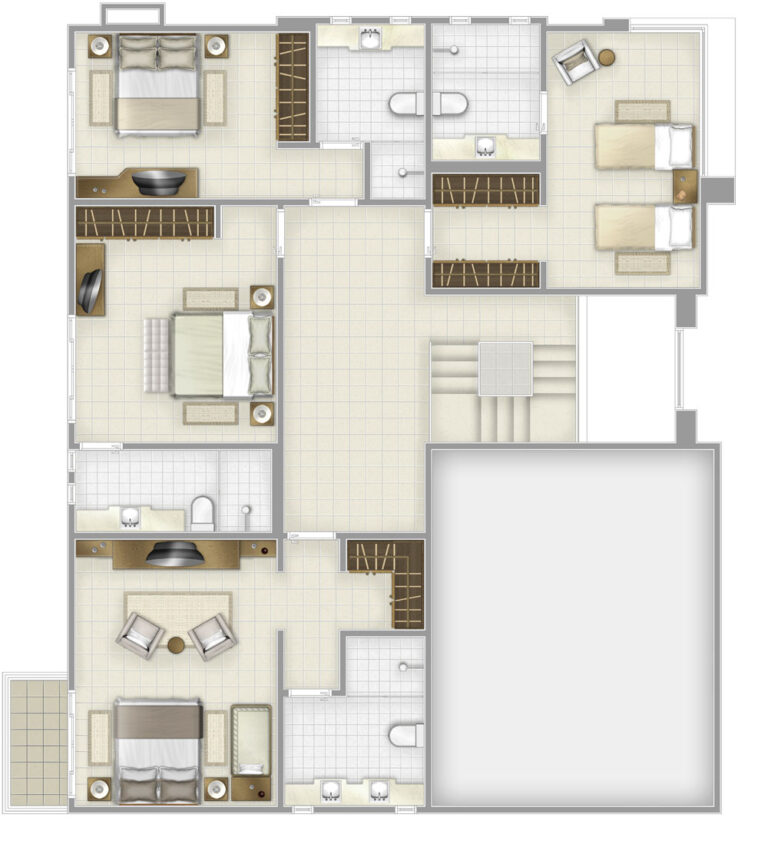 planta do andar superior da segunda Mansão Juquehy - São Sebastião - 70 - Condomínio de casas mansões, projeto e construção da RRG construtora e Incorporadora.